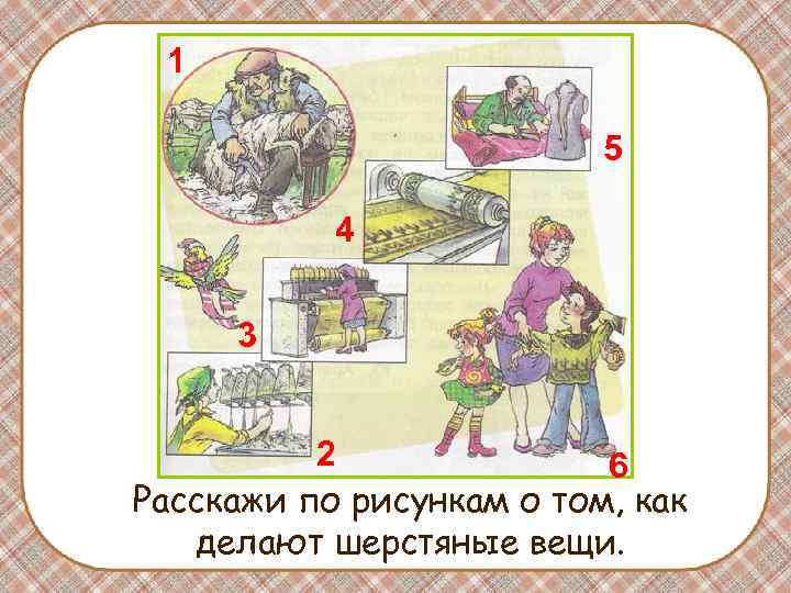 1 5 4 3 2 6 Расскажи по рисункам о том, как делают шерстяные