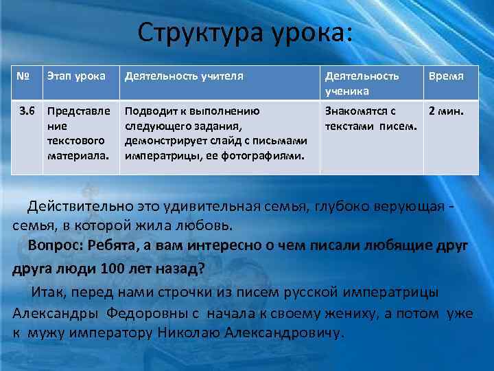Структура урока: № Этап урока Деятельность учителя Деятельность ученика Время 3. 6 Представле ние