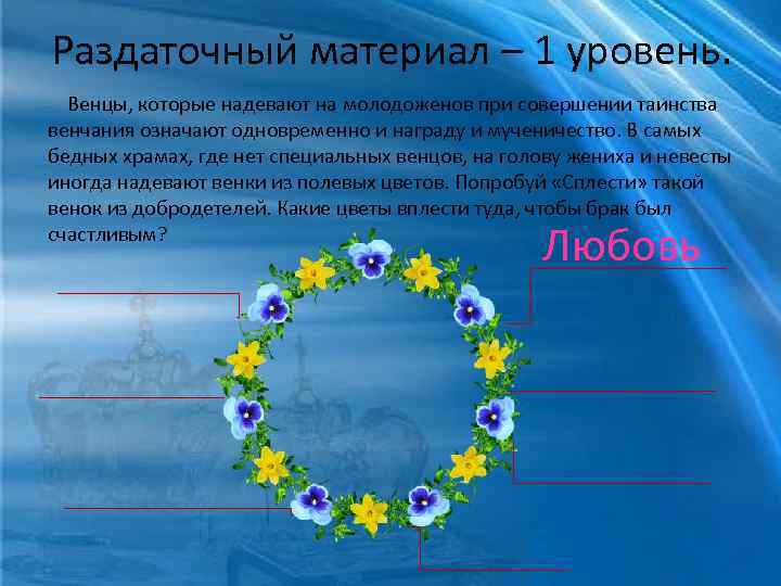 Раздаточный материал – 1 уровень. Венцы, которые надевают на молодоженов при совершении таинства венчания