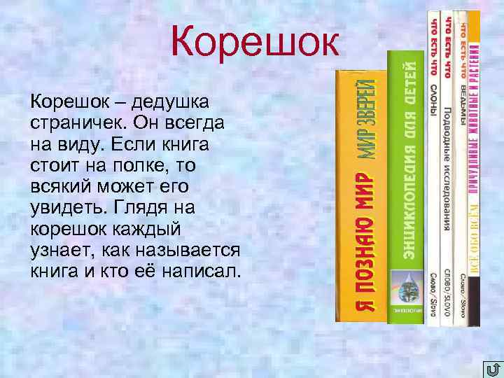 Корешок – дедушка страничек. Он всегда на виду. Если книга стоит на полке, то
