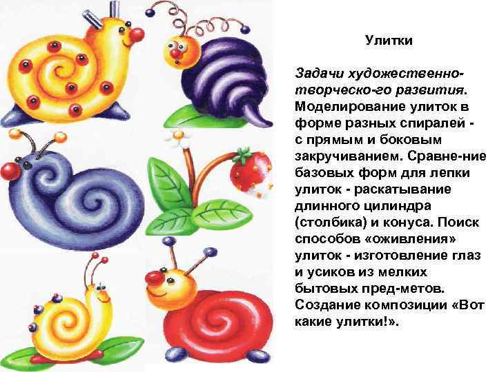 Улитки Задачи художественно творческо го развития. Моделирование улиток в форме разных спиралей с прямым
