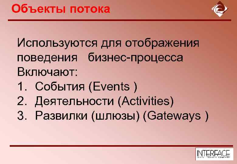 Объекты потока Используются для отображения поведения бизнес-процесса Включают: 1. События (Events ) 2. Деятельности