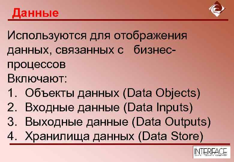 Данные Используются для отображения данных, связанных с бизнеспроцессов Включают: 1. Объекты данных (Data Objects)