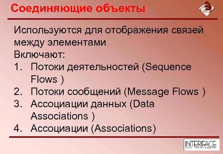 Соединяющие объекты Используются для отображения связей между элементами Включают: 1. Потоки деятельностей (Sequence Flows