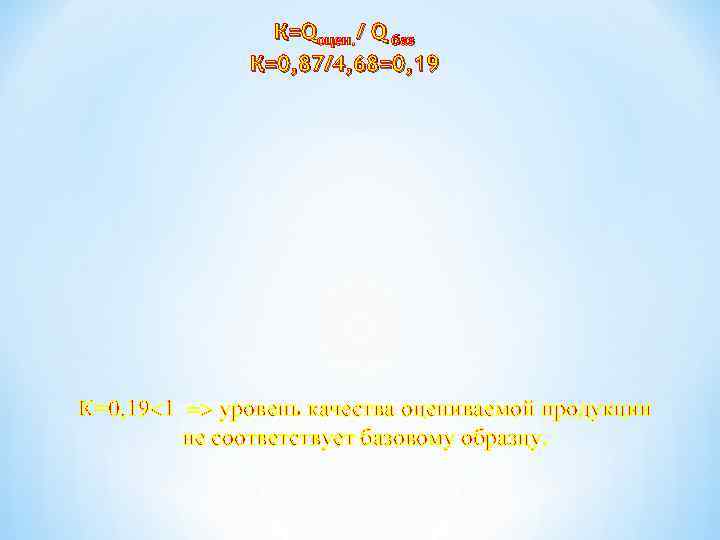 К=Qоцен. / Q баз К=0, 87/4, 68=0, 19 К=0, 19 1 уровень качества оцениваемой