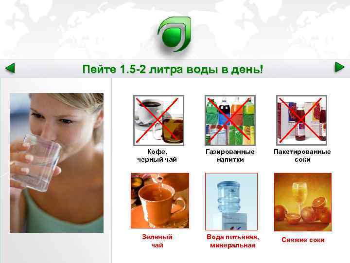 Пейте 1. 5 -2 литра воды в день! Кофе, черный чай Зеленый чай Газированные