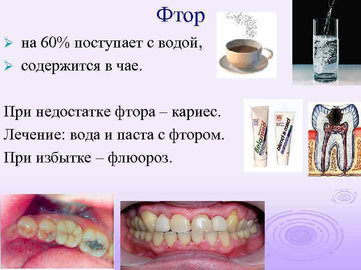 Фтор на 60% поступает с водой, Ø содержится в чае. Ø При недостатке фтора
