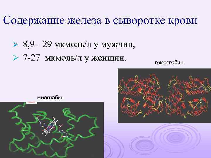 Содержание железа в сыворотке крови 8, 9 - 29 мкмоль/л у мужчин, Ø 7