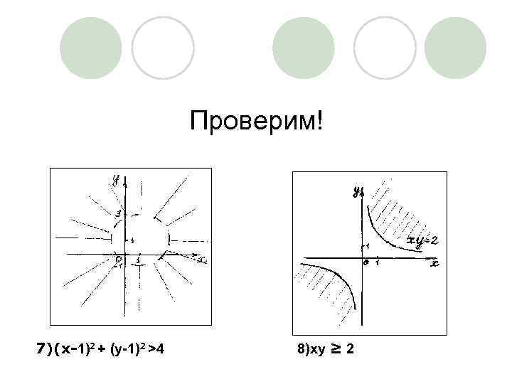 Проверим! 7)(x-1)2 + (y-1)2 >4 8)xy ≥ 2 