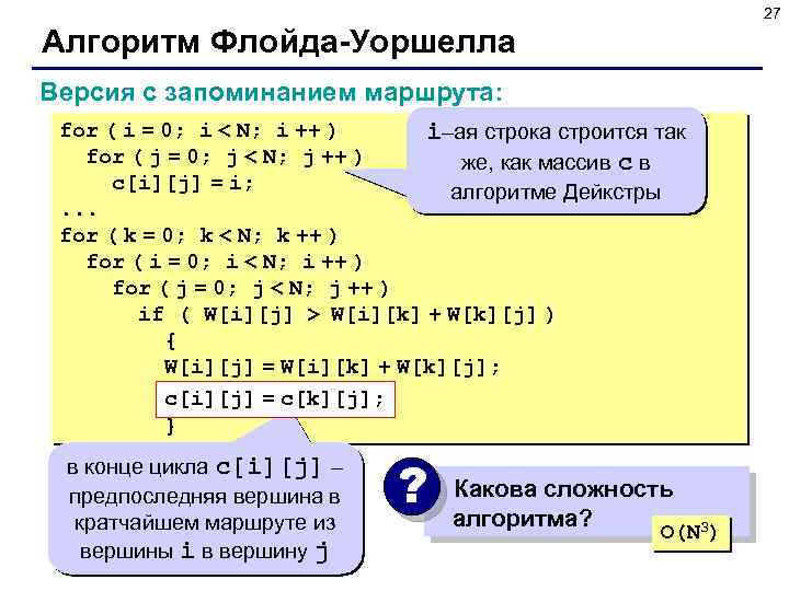 27 Алгоритм Флойда-Уоршелла Версия с запоминанием маршрута: for ( i = 0; i <