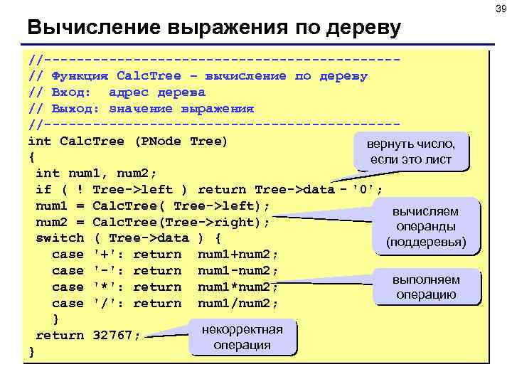 39 Вычисление выражения по дереву //----------------------// Функция Calc. Tree – вычисление по дереву //