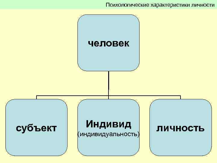 Психологические характеристики личности человек субъект Индивид (индивидуальность) личность 
