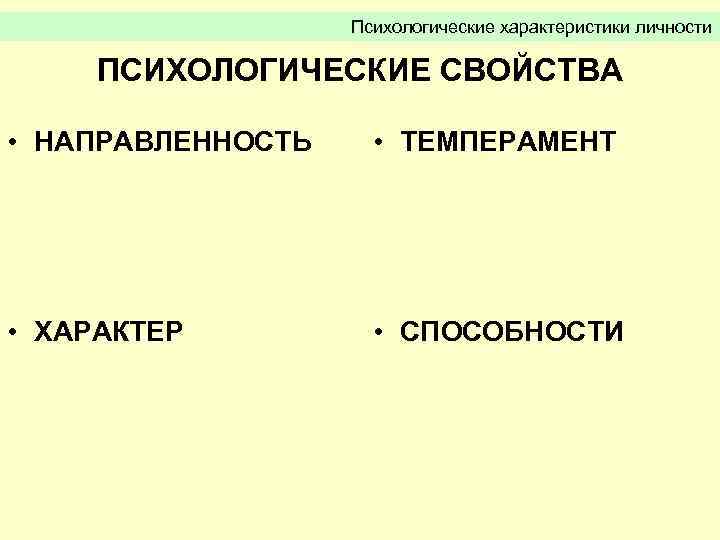Психологические характеристики личности ПСИХОЛОГИЧЕСКИЕ СВОЙСТВА • НАПРАВЛЕННОСТЬ • ТЕМПЕРАМЕНТ • ХАРАКТЕР • СПОСОБНОСТИ 