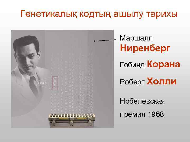 Генетикалық кодтың ашылу тарихы Маршалл Ниренберг Гобинд Корана Роберт Холли Нобелевская премия 1968 