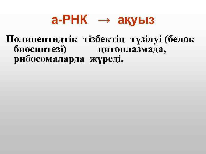 а-РНК → ақуыз Полипептидтік тізбектің түзілуі (белок биосинтезі) цитоплазмада, рибосомаларда жүреді. 