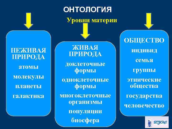 ОНТОЛОГИЯ Уровни материи НЕЖИВАЯ ПРИРОДА атомы молекулы планеты галактика ЖИВАЯ ПРИРОДА доклеточные формы одноклеточные