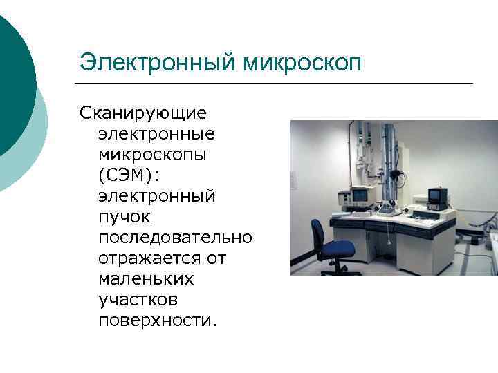 Электронный микроскоп Сканирующие электронные микроскопы (СЭМ): электронный пучок последовательно отражается от маленьких участков поверхности.