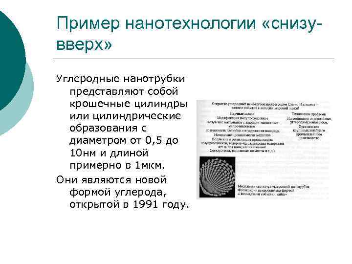 Пример нанотехнологии «снизувверх» Углеродные нанотрубки представляют собой крошечные цилиндры или цилиндрические образования с диаметром