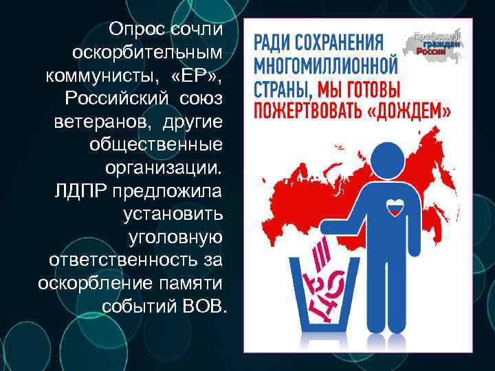 Опрос сочли оскорбительным коммунисты, «ЕР» , Российский союз ветеранов, другие общественные организации. ЛДПР предложила