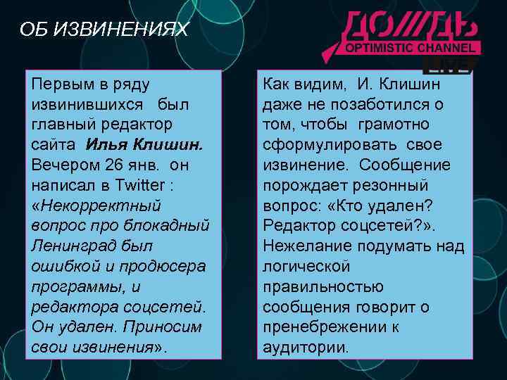 ОБ ИЗВИНЕНИЯХ Первым в ряду извинившихся был главный редактор сайта Илья Клишин. Вечером 26