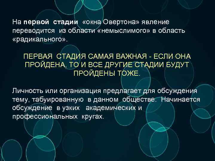 На первой стадии «окна Овертона» явление переводится из области «немыслимого» в область «радикального» .