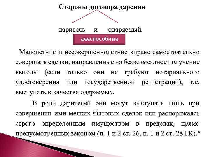  Стороны договора дарения даритель и одаряемый. дееспособные Малолетние и несовершеннолетние вправе самостоятельно совершать