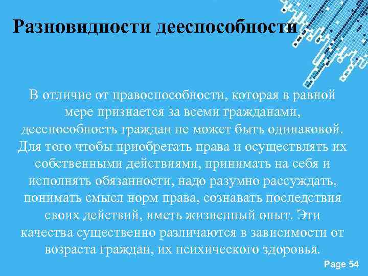 Разновидности дееспособности В отличие от правоспособности, которая в равной мере признается за всеми гражданами,
