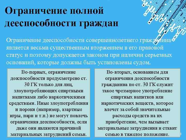 Ограничение полной дееспособности граждан Ограничение дееспособности совершеннолетнего гражданина является весьма существенным вторжением в его