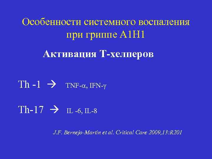 Особенности системного воспаления при гриппе А 1 Н 1 Активация Т-хелперов Th -1 TNF-