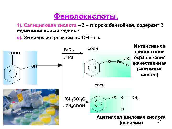 Фенолокислоты. 1). Салициловая кислота – 2 – гидрокибензойная, содержит 2 функциональные группы: а). Химические