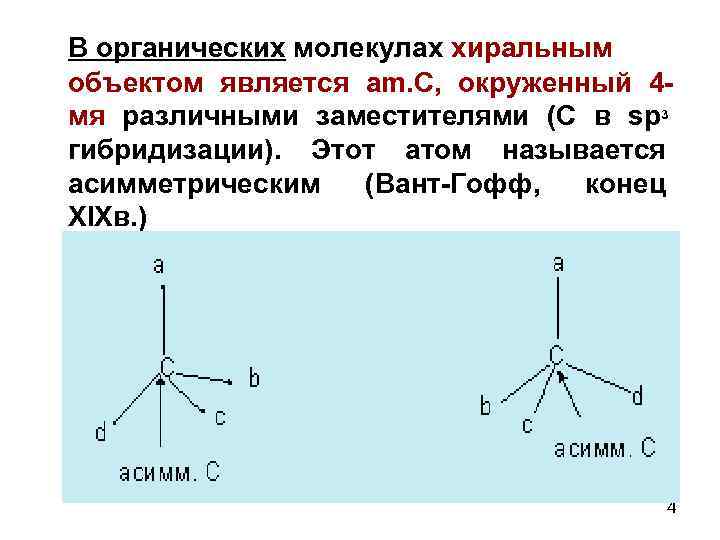 В органических молекулах хиральным объектом является am. С, окруженный 4 мя различными заместителями (С