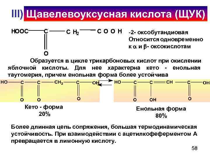 III) Щавелевоуксусная кислота (ЩУК) HOOC C C H 2 COOH -2 - оксобутандиовая Относится