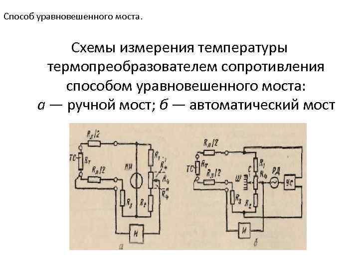 Способ уравновешенного моста. Схемы измерения температуры термопреобразователем сопротивления способом уравновешенного моста: а — ручной