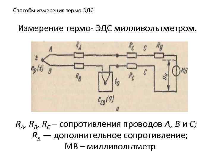 Способы измерения термо-ЭДС Измерение термо- ЭДС милливольтметром. RA, RB, RС – сопротивления проводов А,