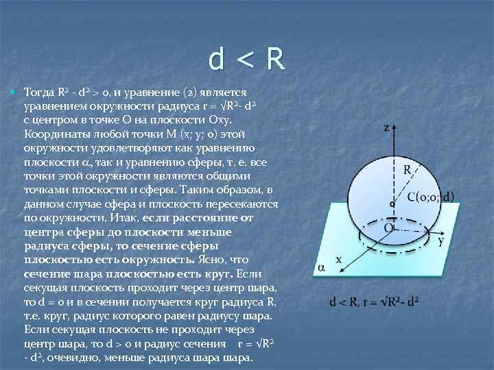 d<R Тогда R² - d² > 0, и уравнение (2) является уравнением окружности радиуса