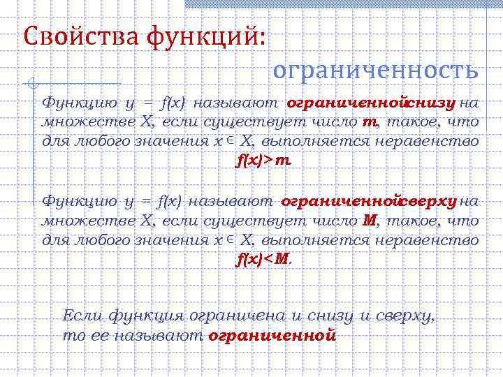 Свойства функций: ограниченность Функцию y = f(x) называют ограниченнойснизу на множестве Х, если существует