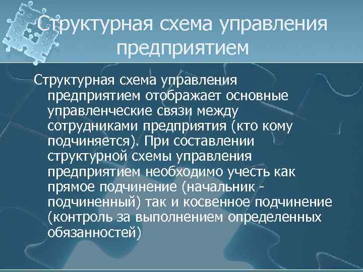 Структурная схема управления предприятием отображает основные управленческие связи между сотрудниками предприятия (кто кому подчиняется).