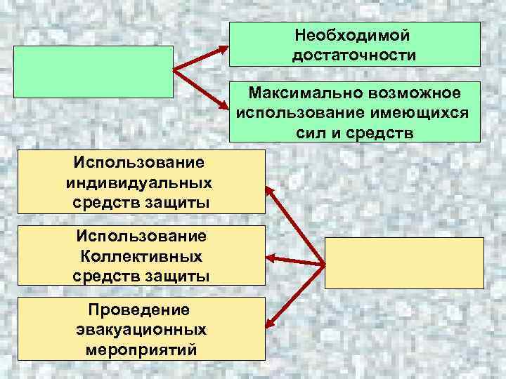 Необходимой достаточности Максимально возможное использование имеющихся сил и средств Использование индивидуальных средств защиты Использование