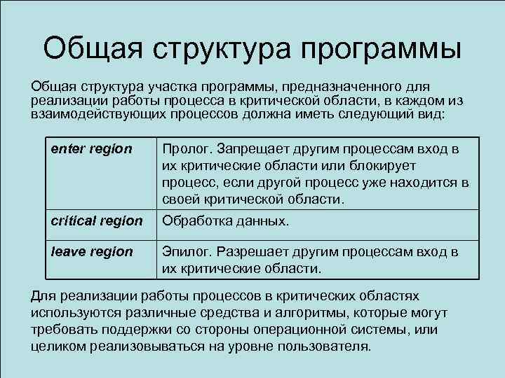 Общая структура программы Общая структура участка программы, предназначенного для реализации работы процесса в критической