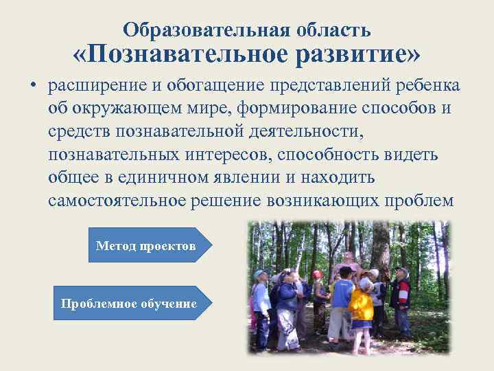 Образовательная область «Познавательное развитие» • расширение и обогащение представлений ребенка об окружающем мире, формирование