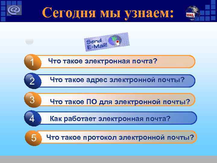 Сегодня мы узнаем: 1 Что такое электронная почта? 2 Что такое адрес электронной почты?