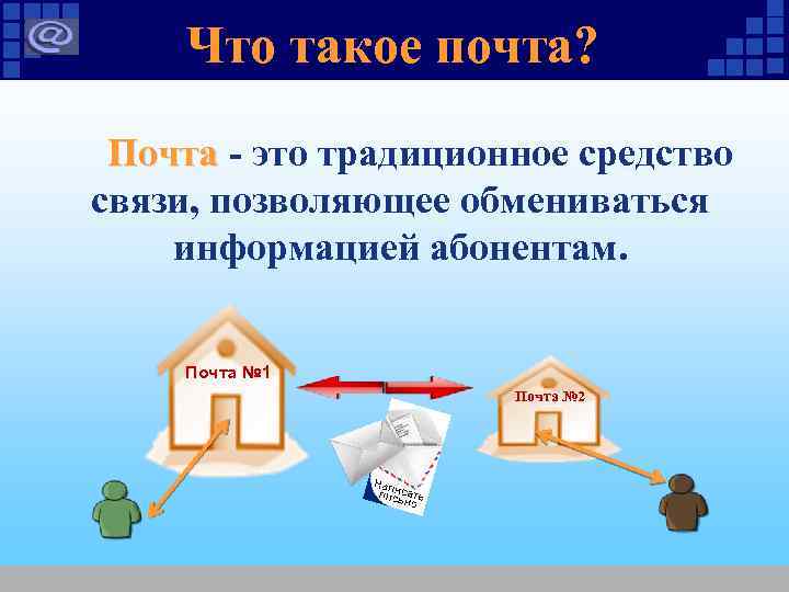 Что такое почта? Почта - это традиционное средство Почта связи, позволяющее обмениваться информацией абонентам.