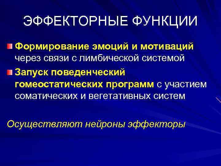 ЭФФЕКТОРНЫЕ ФУНКЦИИ Формирование эмоций и мотиваций через связи с лимбической системой Запуск поведенческий гомеостатических