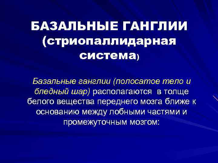 БАЗАЛЬНЫЕ ГАНГЛИИ (стриопаллидарная система) Базальные ганглии (полосатое тело и бледный шар) располагаются в толще