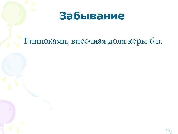 Забывание Гиппокамп, височная доля коры б. п. 36 36 