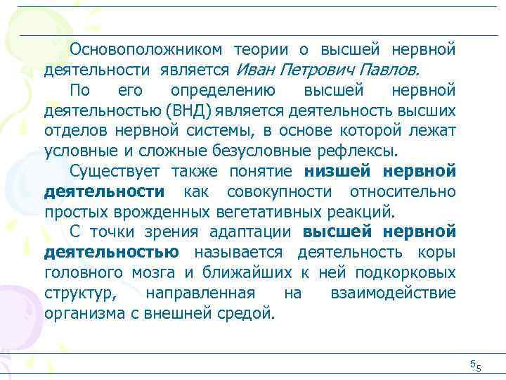 Основоположником теории о высшей нервной деятельности является Иван Петрович Павлов. По его определению высшей