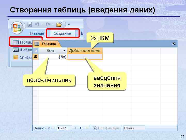 Створення таблиць (введення даних) 2 x. ЛКМ поле-лічильник введення значення 15 