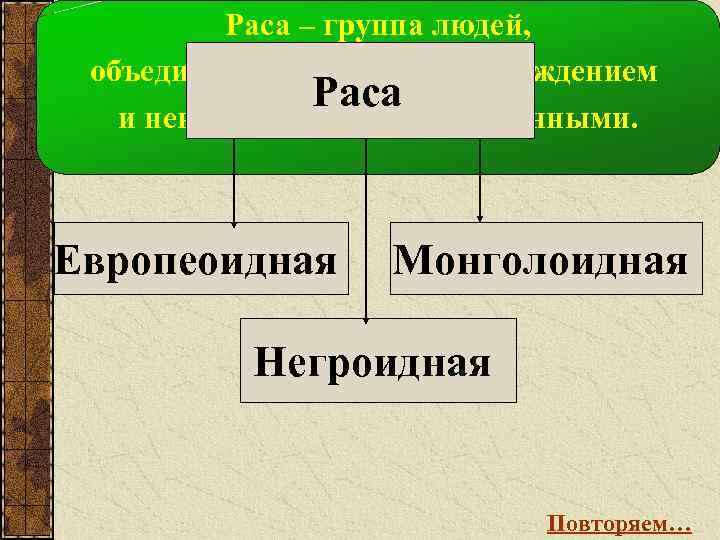 Раса – группа людей, объединённых общим происхождением Раса и некоторыми внешними данными. Европеоидная Монголоидная