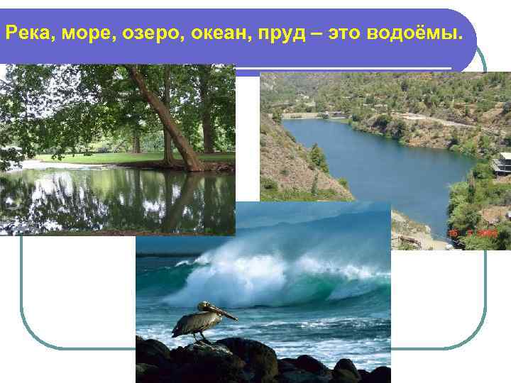 Река, море, озеро, океан, пруд – это водоёмы. 