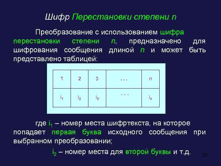 Шифр Перестановки степени n Преобразование с использованием шифра перестановки степени n, предназначено для шифрования